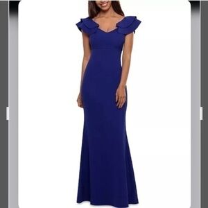 Betsy & Adam Ruffled-Strap Gown in Marine Blue